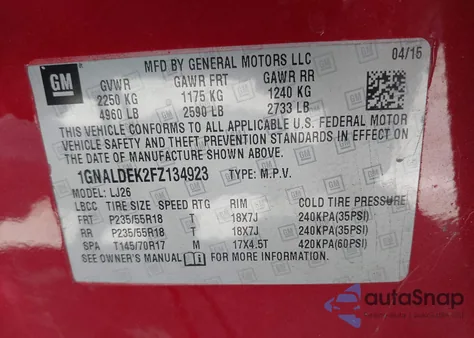 2015 Chevrolet Equinox Ltz z USA, uszkodzony, nr VIN 1GNALDEK2FZ134923